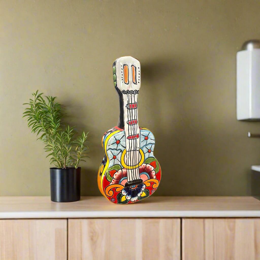 Talavera Guitar Statue | Hand-Painted Mexican Folk Art Decor