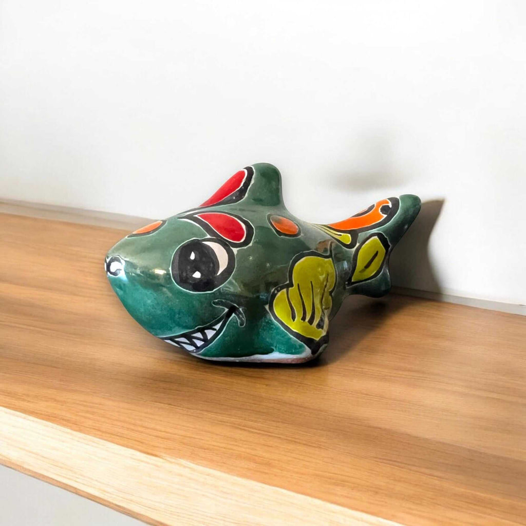 Colorful Talavera Shark Figurine | Handmade Mexican Pottery Decor