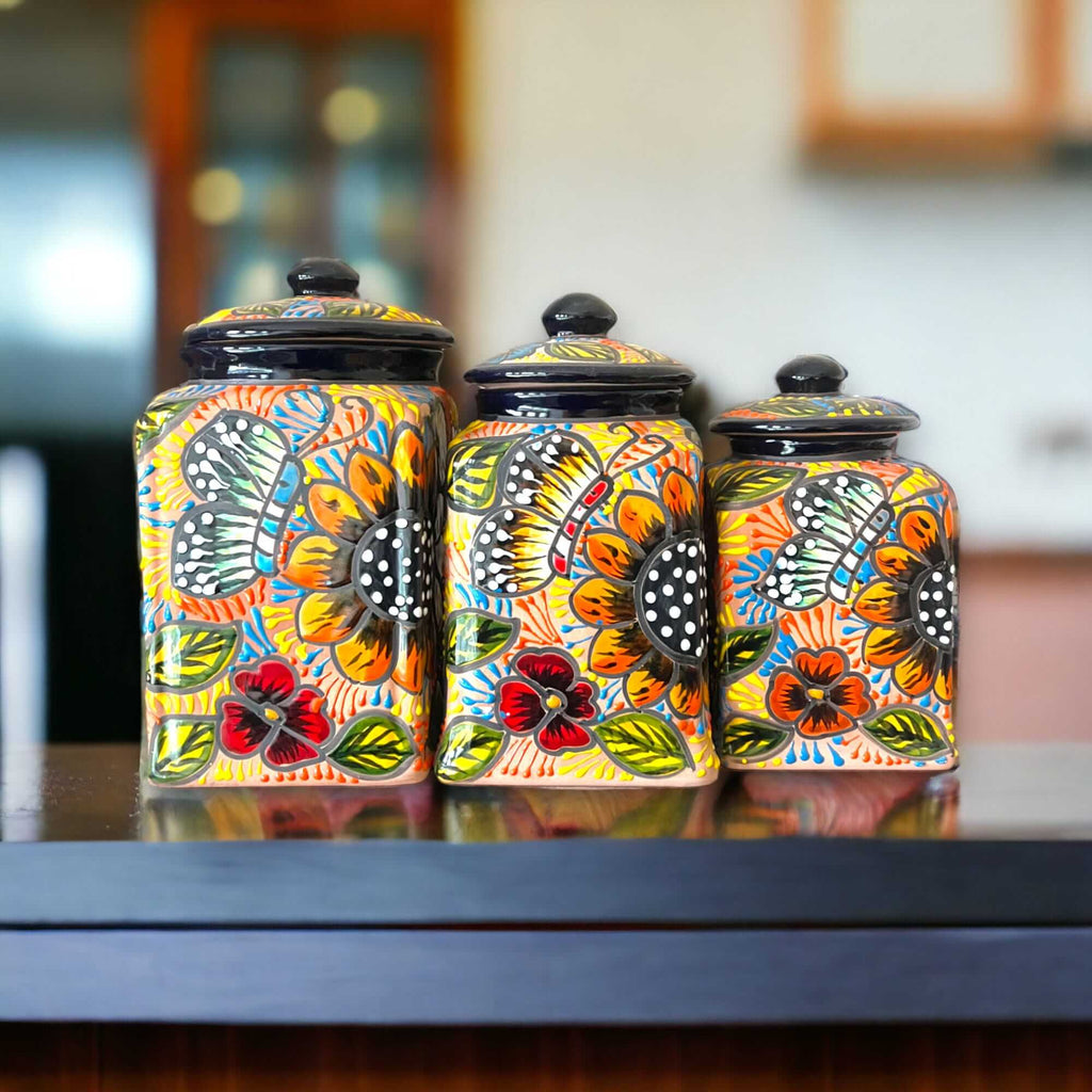 Talavera Kitchen Canister Set | Terracotta Mexican Pottery Trio