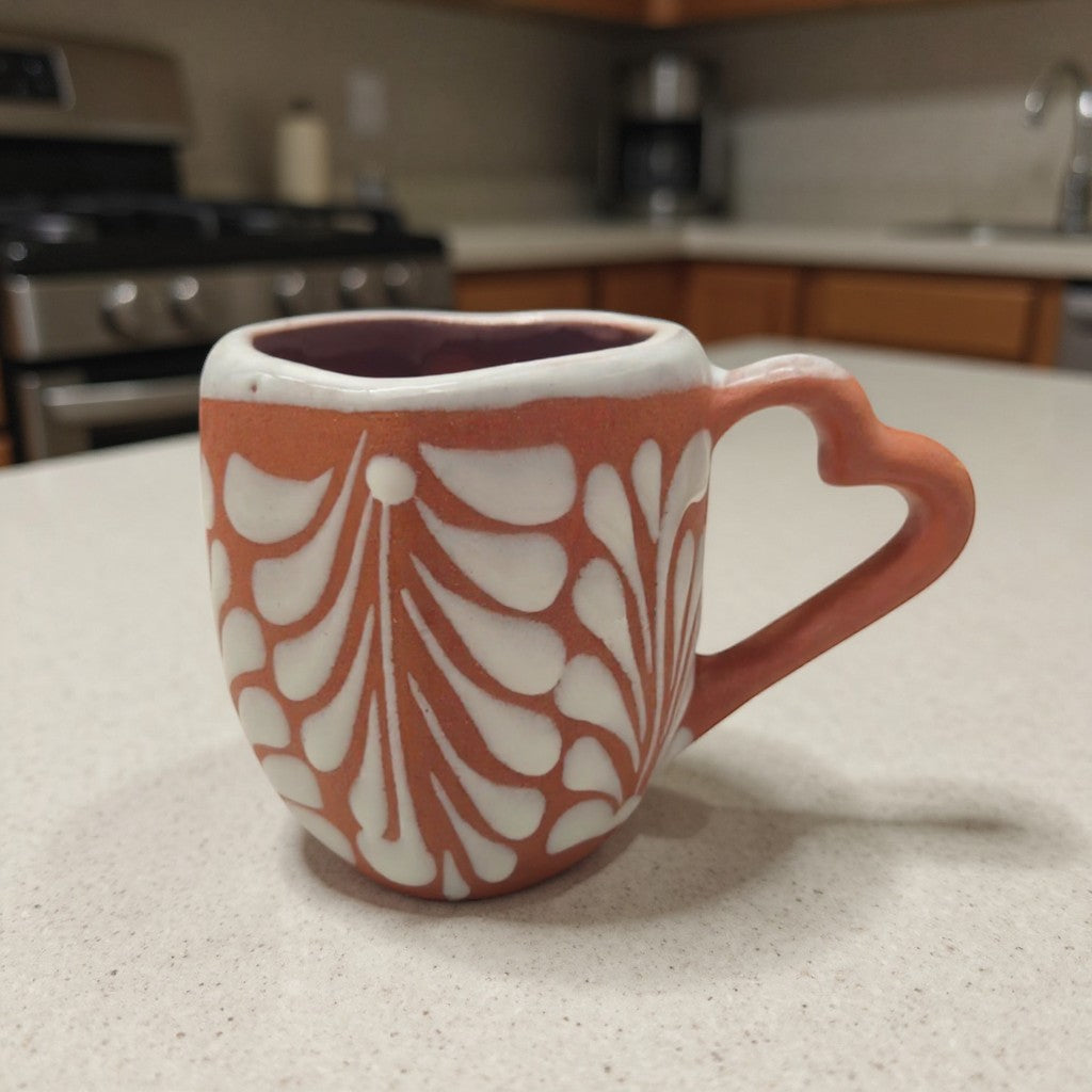 Heart-Shaped Talavera Mug Set | Brown & White Coffee Cup & Plate