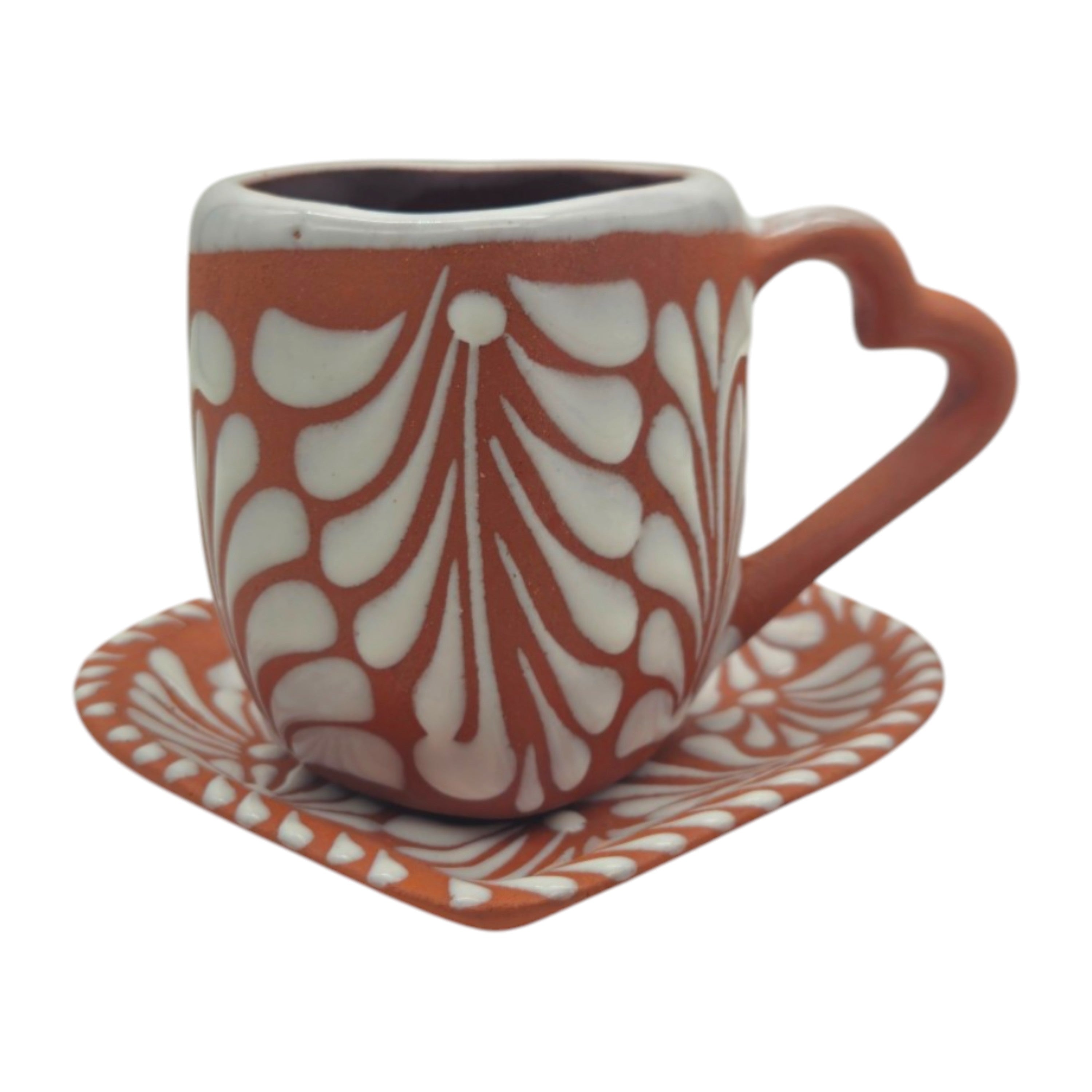Heart-Shaped Talavera Mug Set | Brown & White Coffee Cup & Plate
