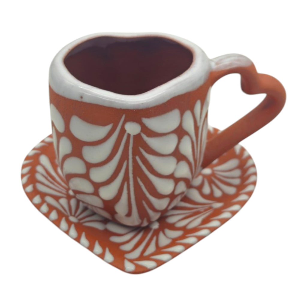 Heart-Shaped Talavera Mug Set | Brown & White Coffee Cup & Plate