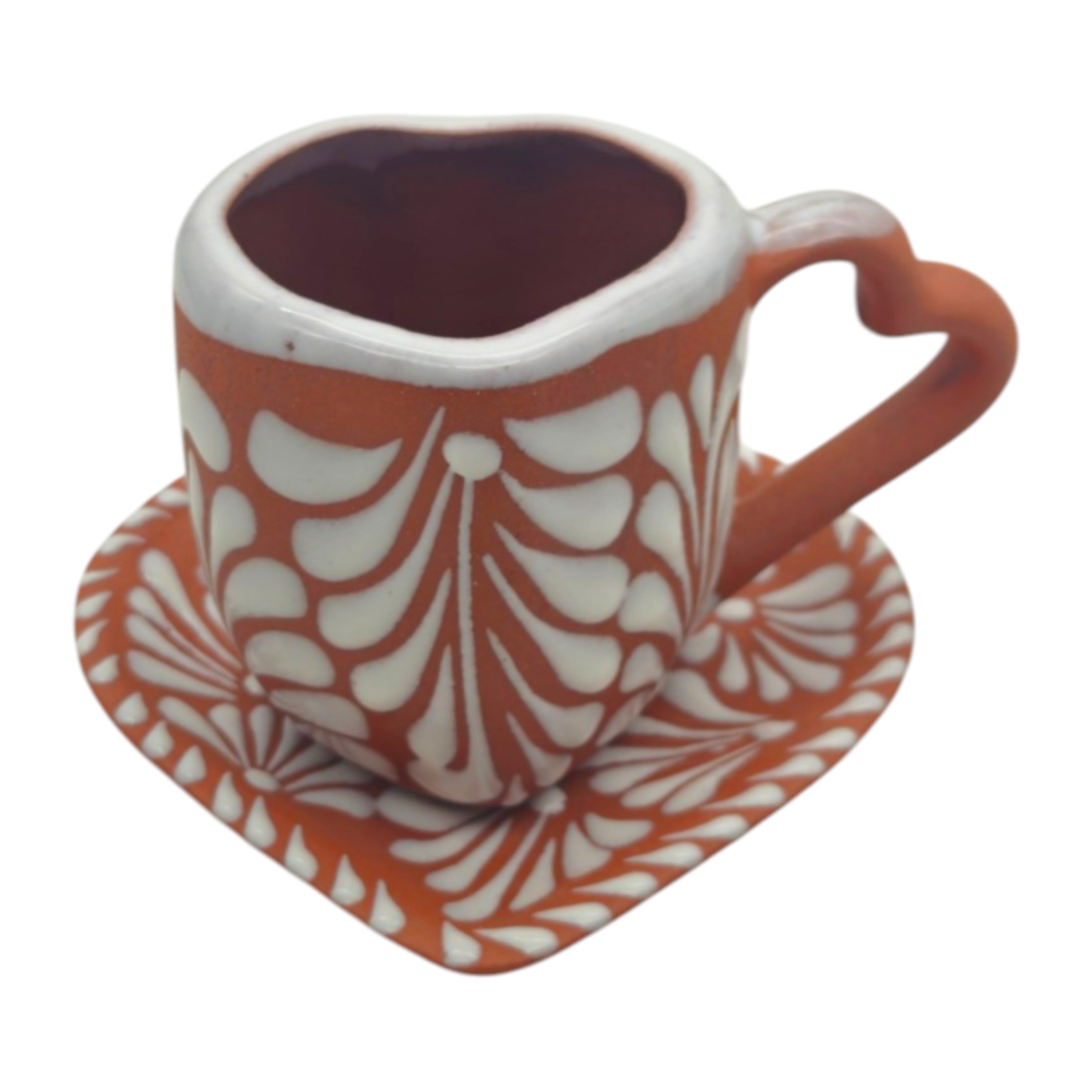 Heart-Shaped Talavera Mug Set | Brown & White Coffee Cup & Plate