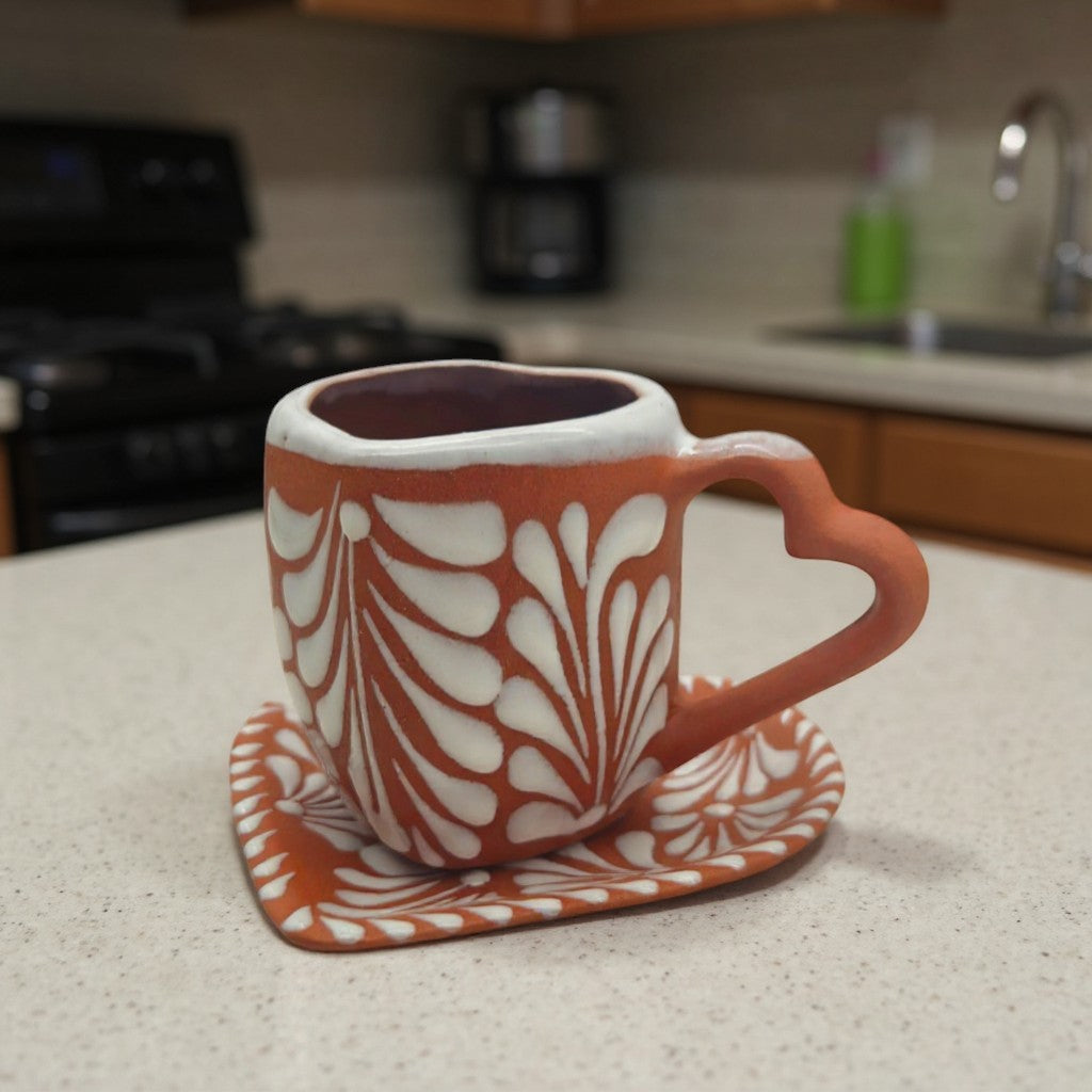 Heart-Shaped Talavera Mug Set | Brown & White Coffee Cup & Plate