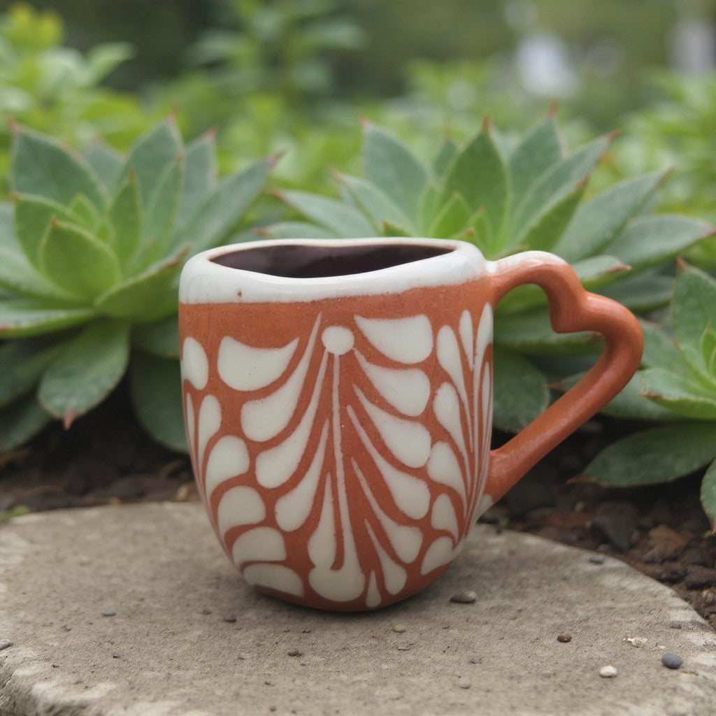 Heart-Shaped Talavera Mug Set | Brown & White Coffee Cup & Plate