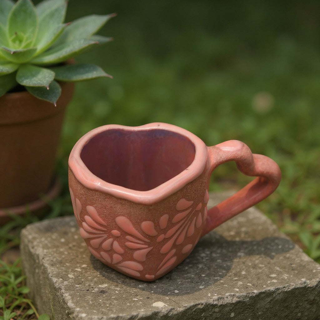 Heart Talavera Mug & Saucer Set | Pink Ceramic Coffee Cup