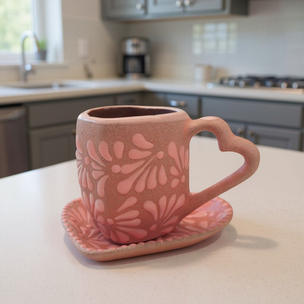 Heart Talavera Mug & Saucer Set | Pink Ceramic Coffee Cup