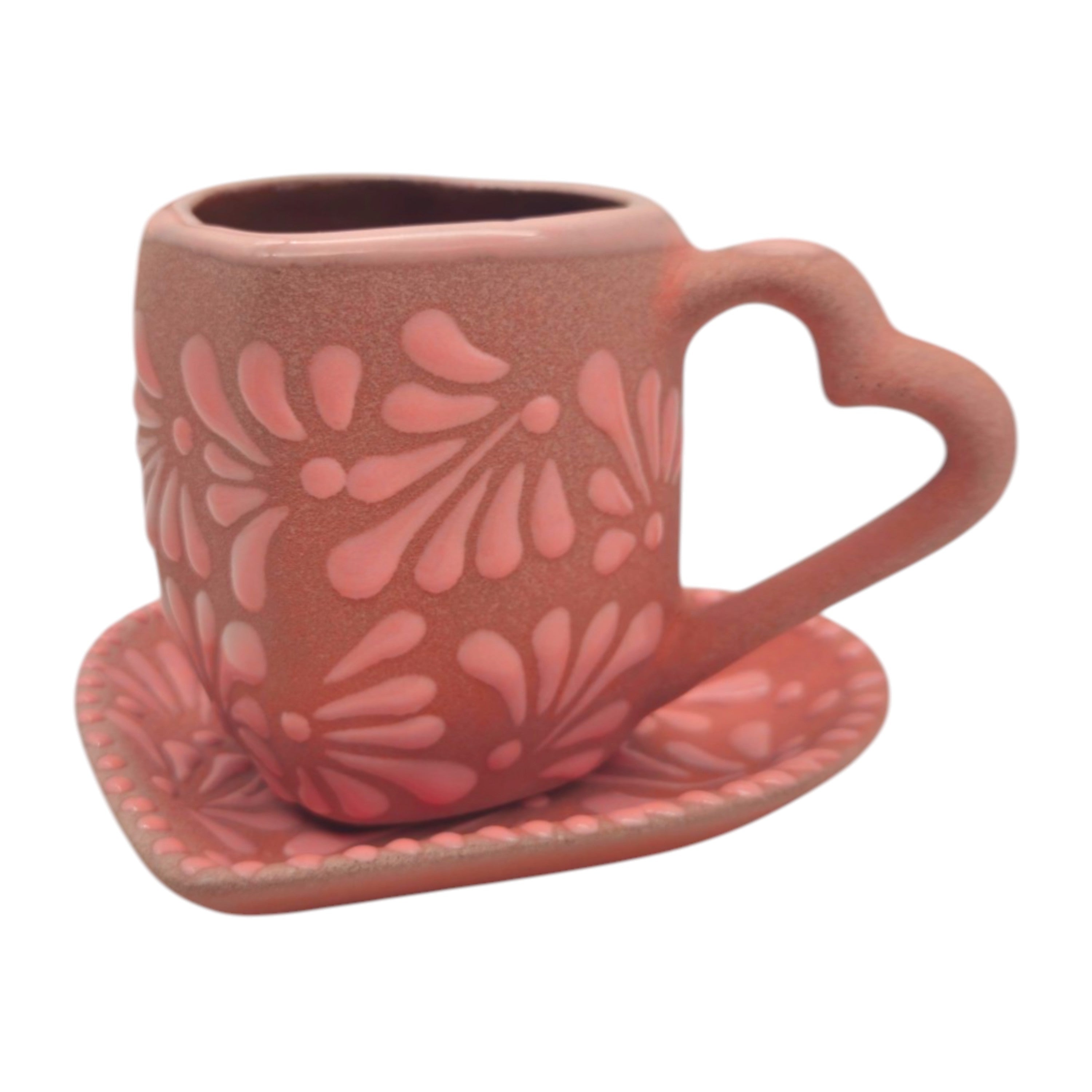 Heart Talavera Mug & Saucer Set | Pink Ceramic Coffee Cup