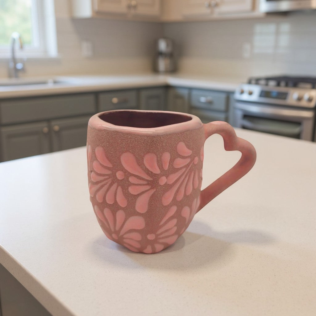 Heart Talavera Mug & Saucer Set | Pink Ceramic Coffee Cup