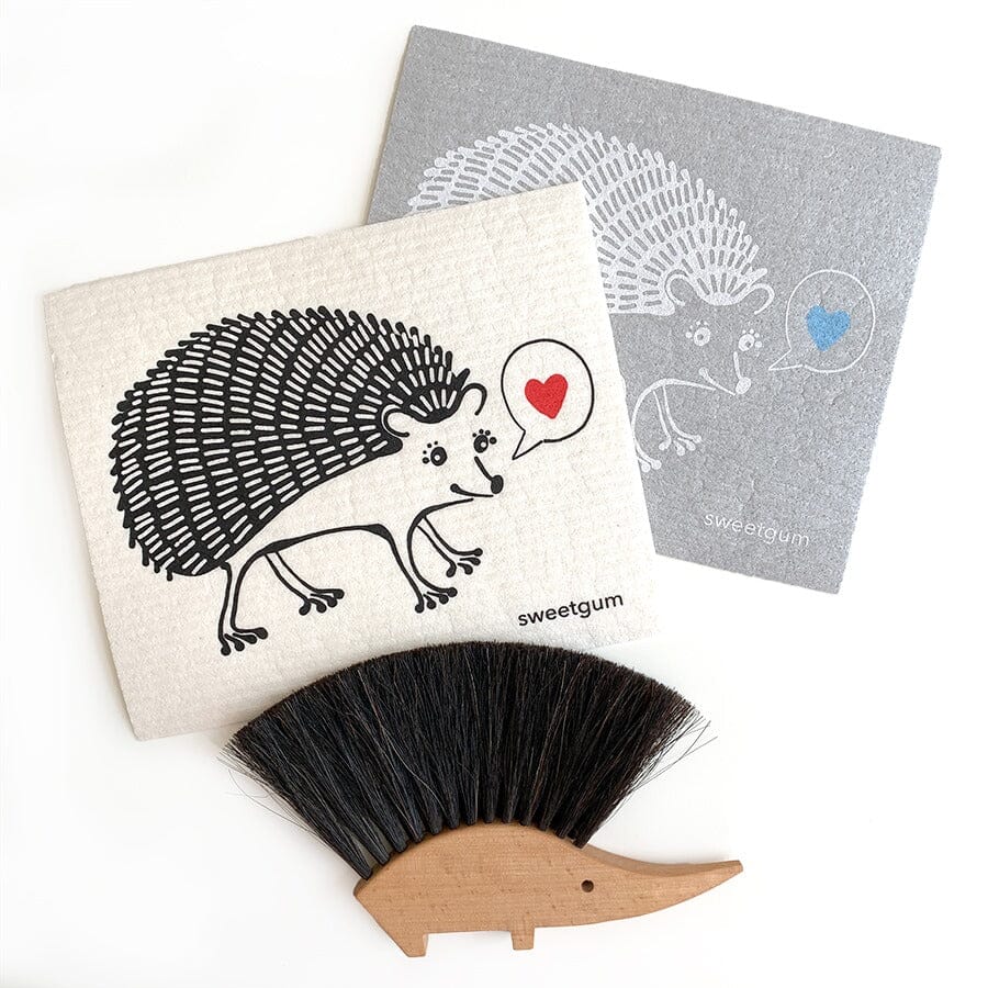 Hedgehog | White on Grey |  Swedish Dishcloth