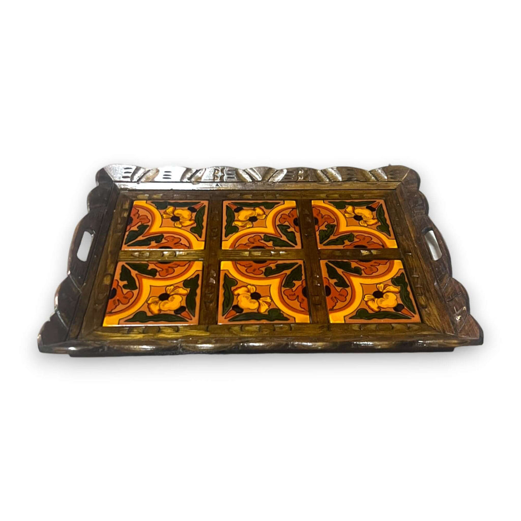 Handmade Talavera Tile Serving Tray | Mexican Wooden Tray