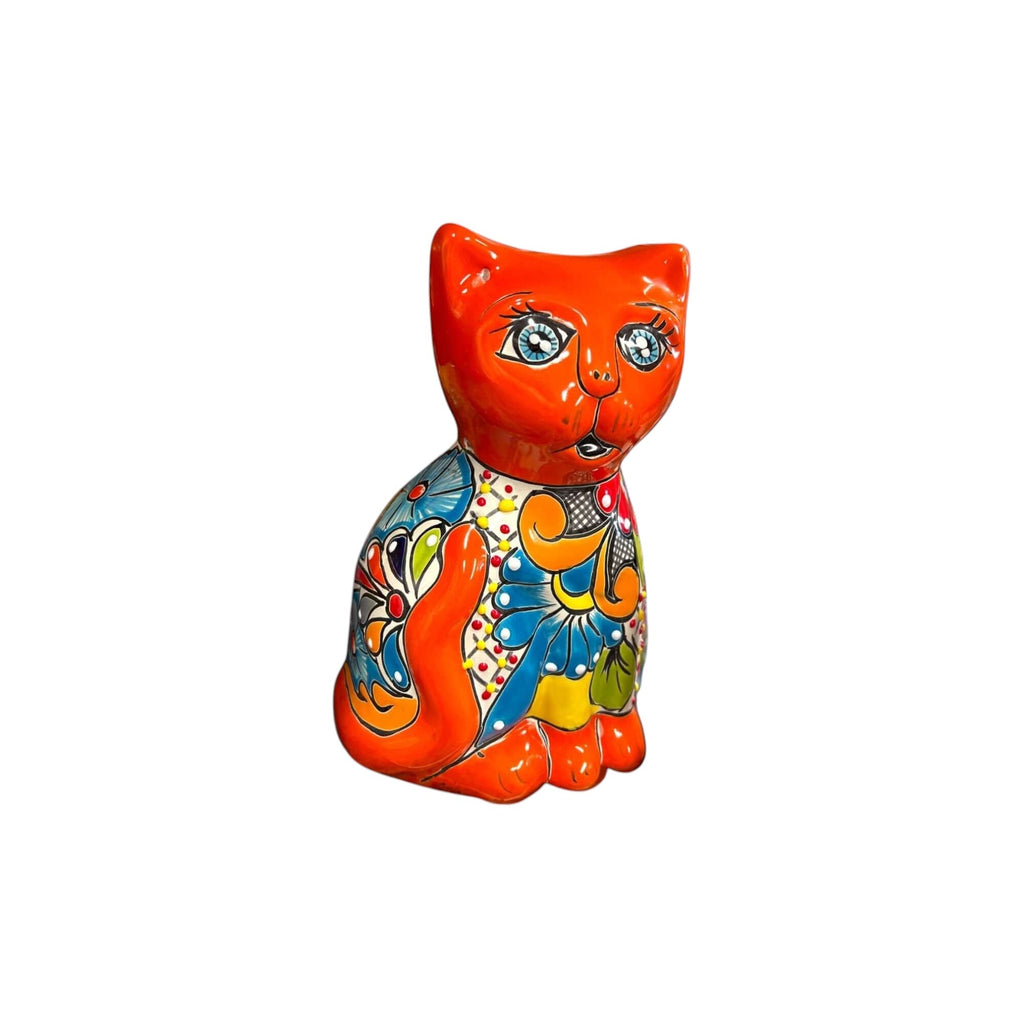 Medium Hand-Painted Talavera Cat Statue | Mexican Folk Art