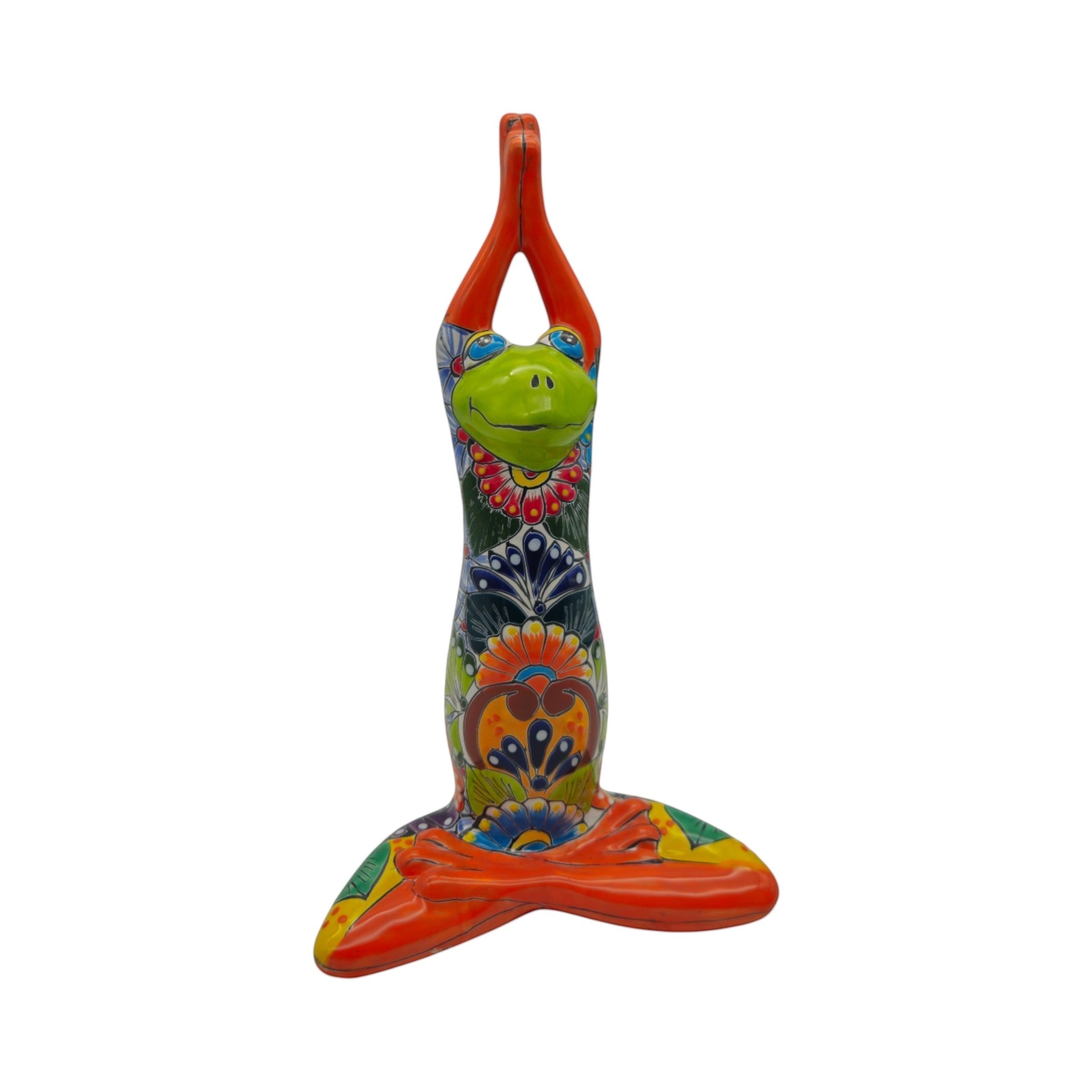 Large Talavera Yoga Frog Statue | Mexican Art Decor