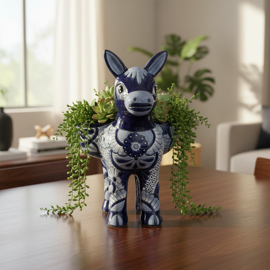 Large Talavera Donkey Planter | Blue and White Ceramic Burro Pot