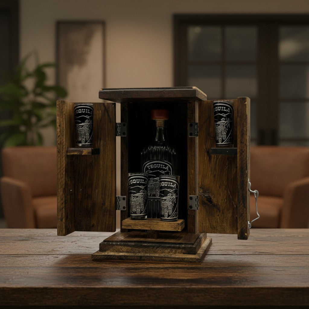 Handmade Shot Glass & Decanter Set | Mexican Rustic Wood Box
