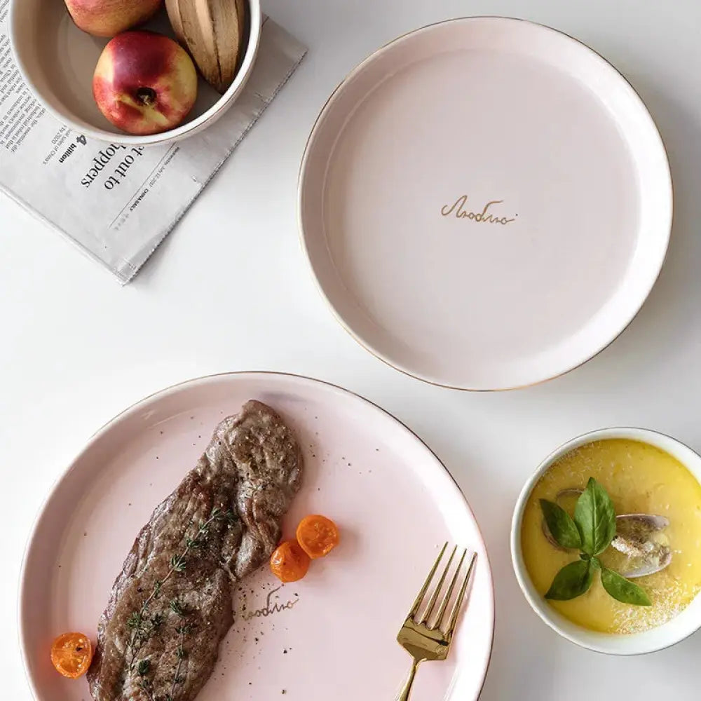 Luxury Pink and Gold Script Ceramic Couple Dinnerware Set