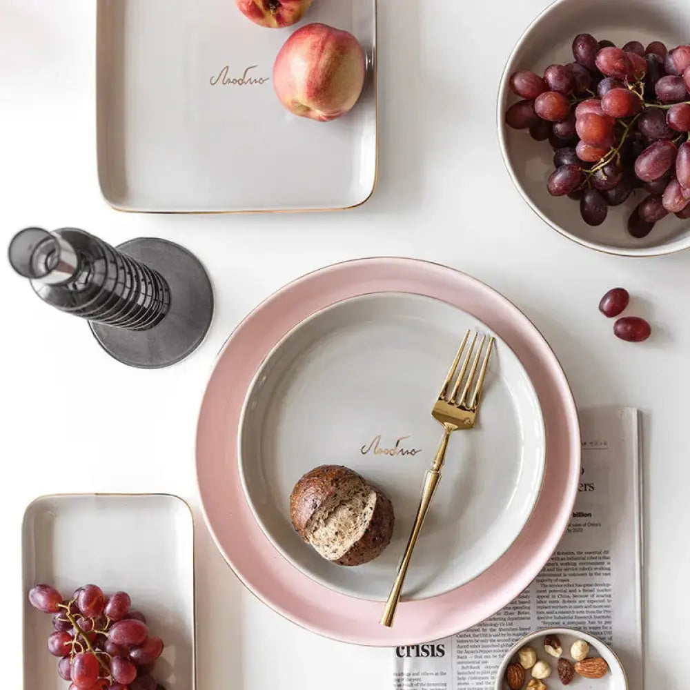 Luxury Pink and Gold Script Ceramic Couple Dinnerware Set