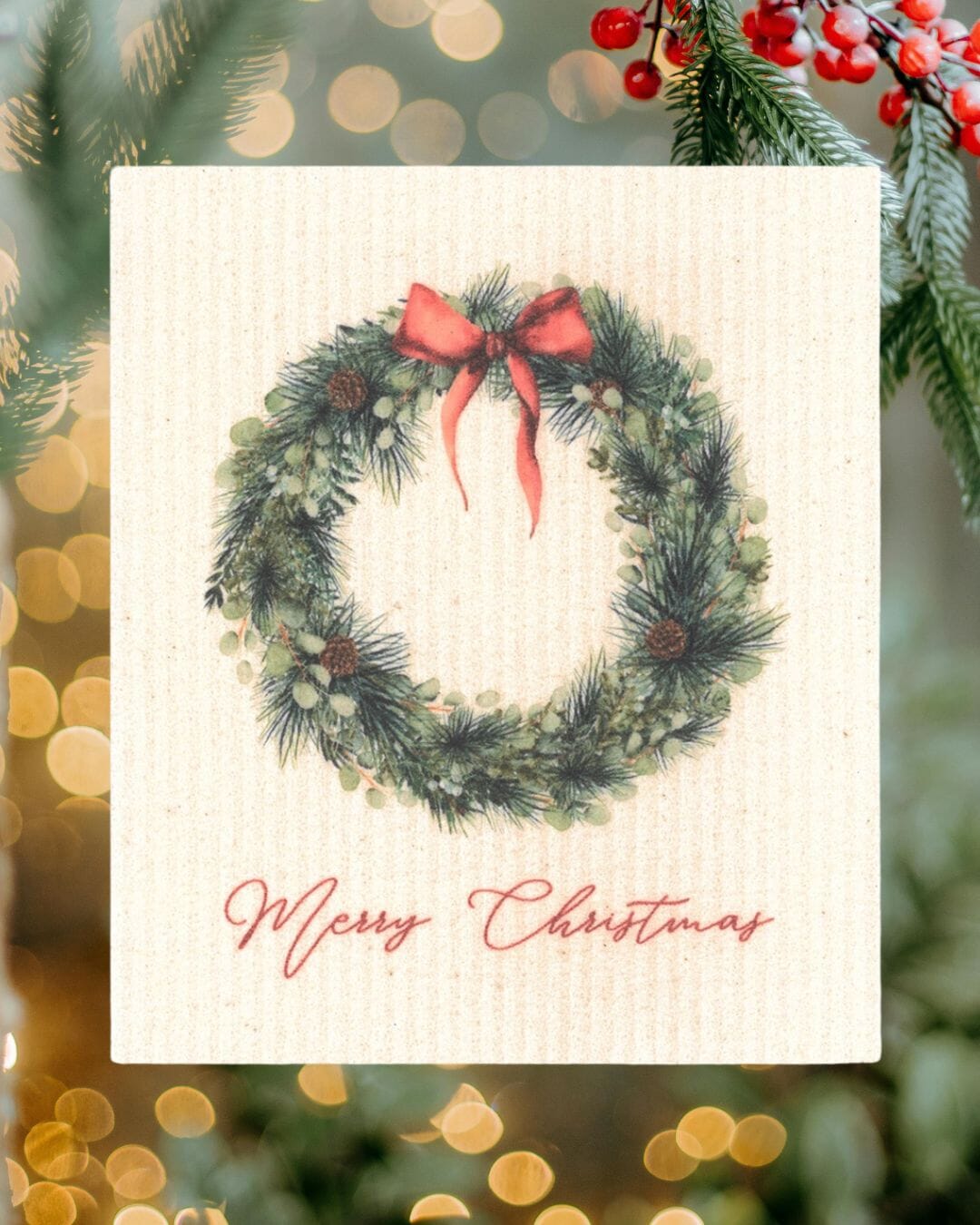 Merry Christmas Wreath with Red Bow Swedish Dishcloth