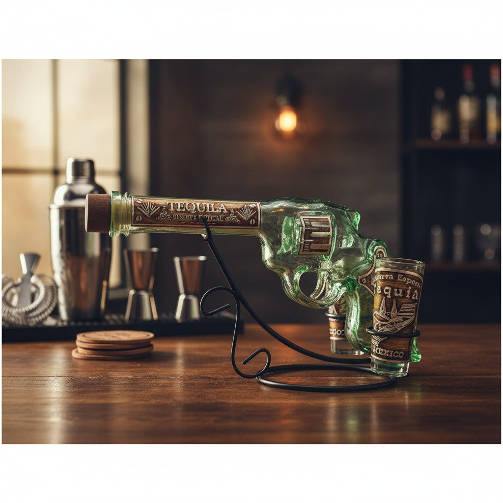 Mexican Revolver Tequila Decanter Set | Glass Gun with Shot Glasses