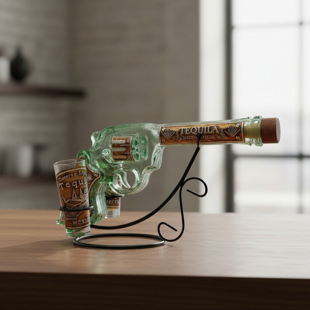 Mexican Revolver Tequila Decanter Set | Glass Gun with Shot Glasses