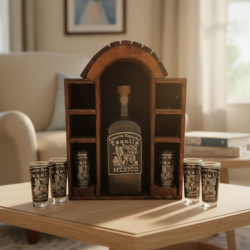 Mexican Tequila Decanter Set | 6 Shot Glasses & Wooden Display