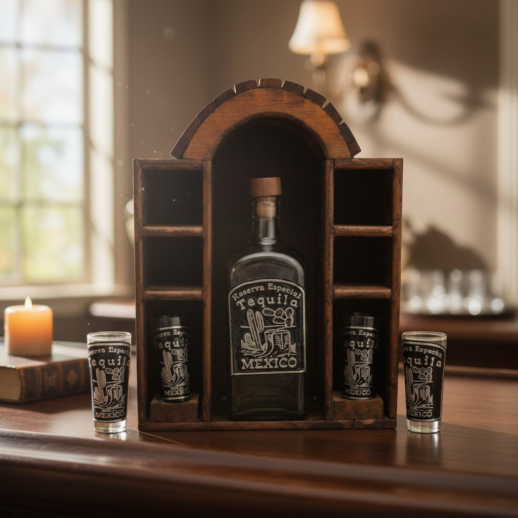 Mexican Tequila Decanter Set | 6 Shot Glasses & Wooden Display
