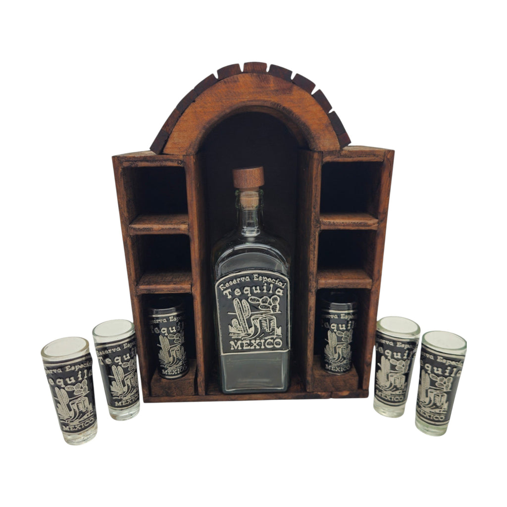 Mexican Tequila Decanter Set | 6 Shot Glasses & Wooden Display