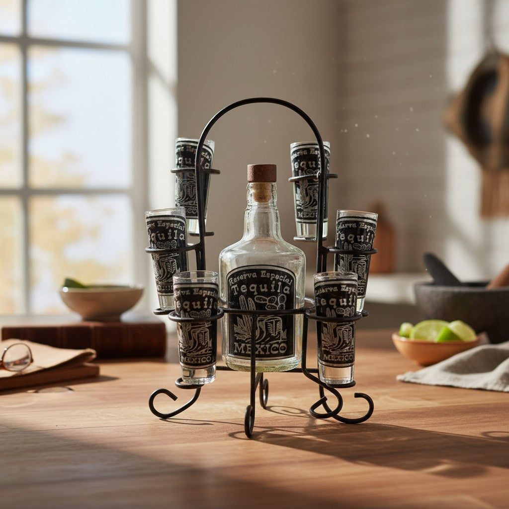 Mexican Tequila Decanter Set | Handmade Metal Holder