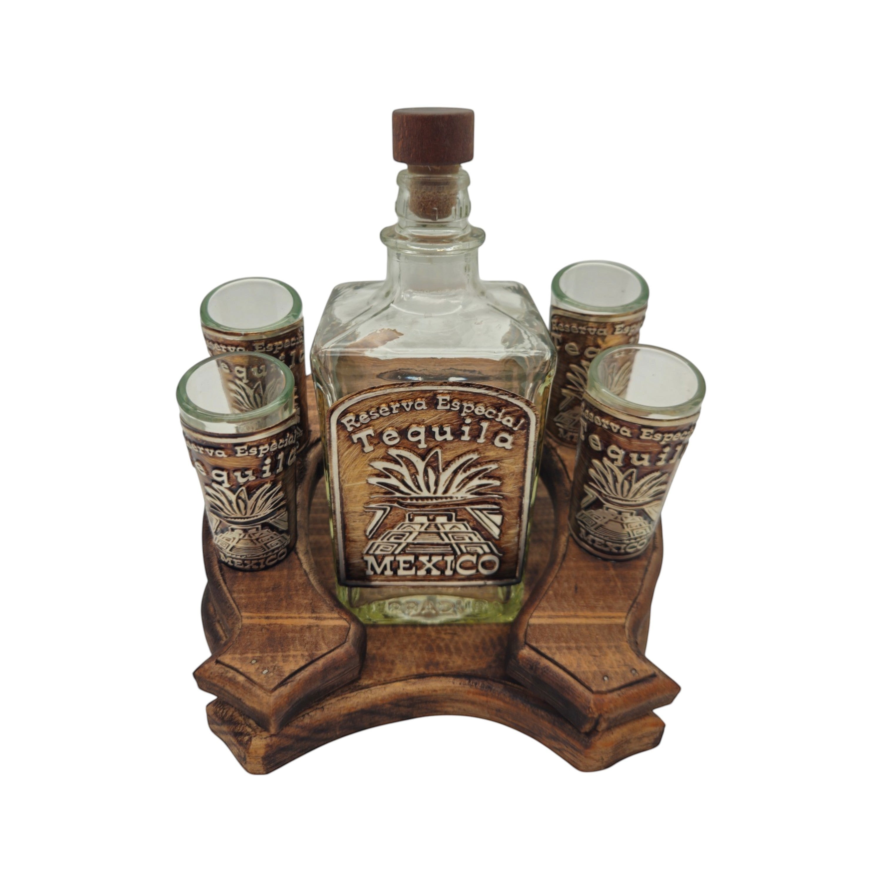 Mexican Tequila Decanter Set | Rustic Horseshoe Wood Display