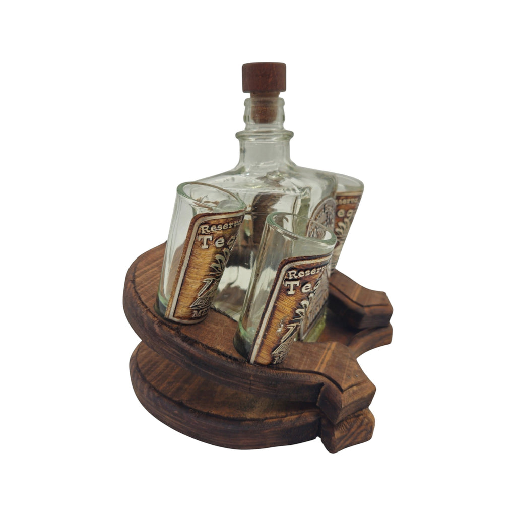 Mexican Tequila Decanter Set | Rustic Horseshoe Wood Display