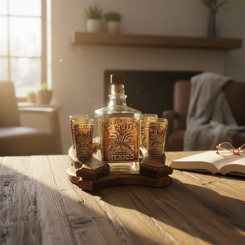 Mexican Tequila Decanter Set | Rustic Horseshoe Wood Display