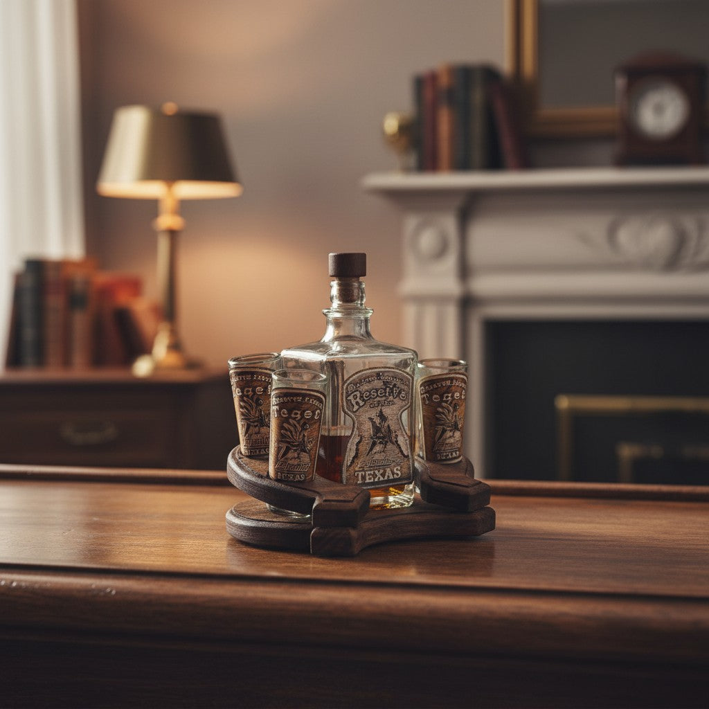 Mexican Tequila Decanter Set | Rustic Horseshoe Wood Display