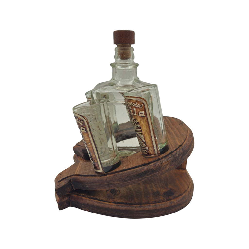Mexican Tequila Decanter Set | Rustic Horseshoe Wood Display