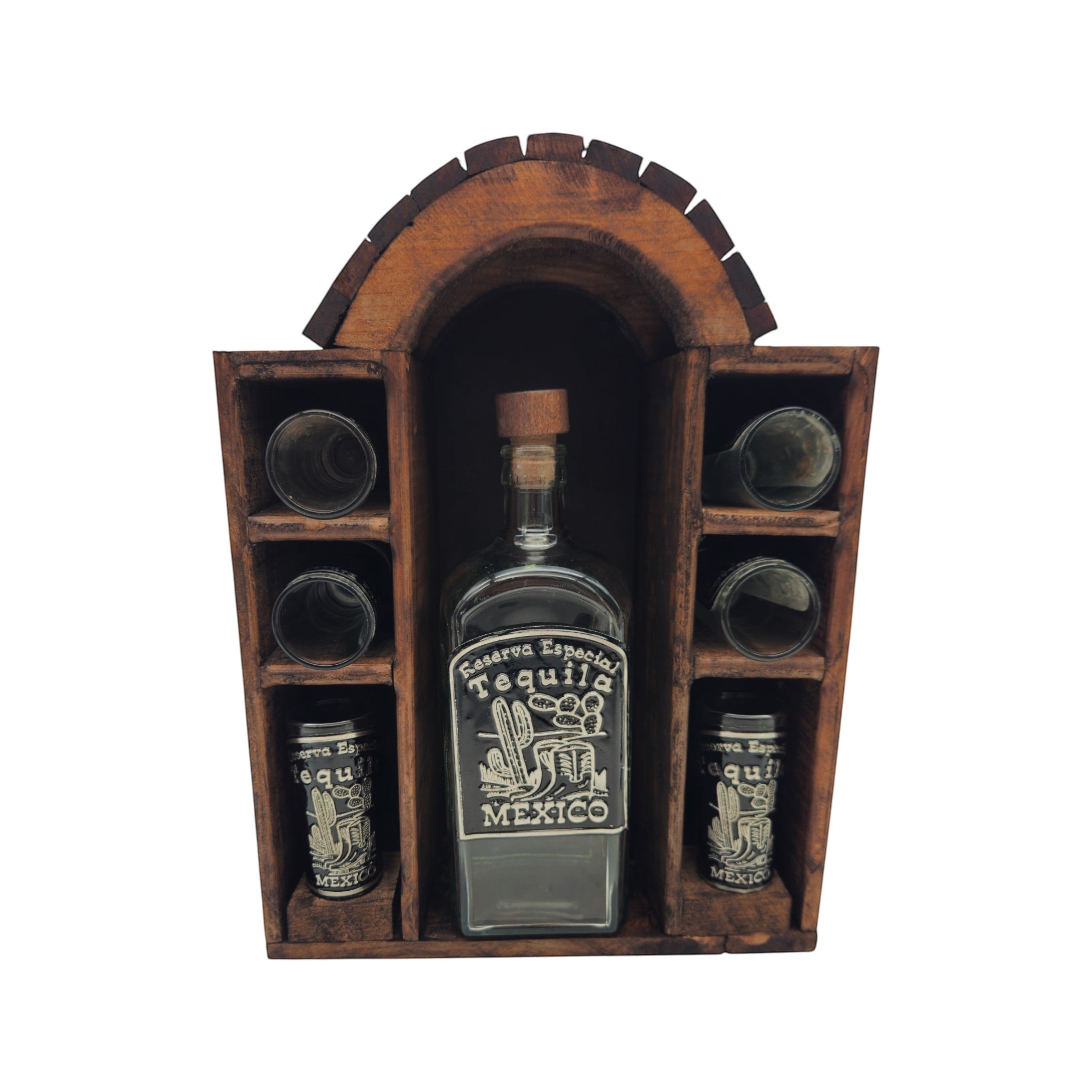 Mexican Tequila Decanter Set | 6 Shot Glasses & Wooden Display