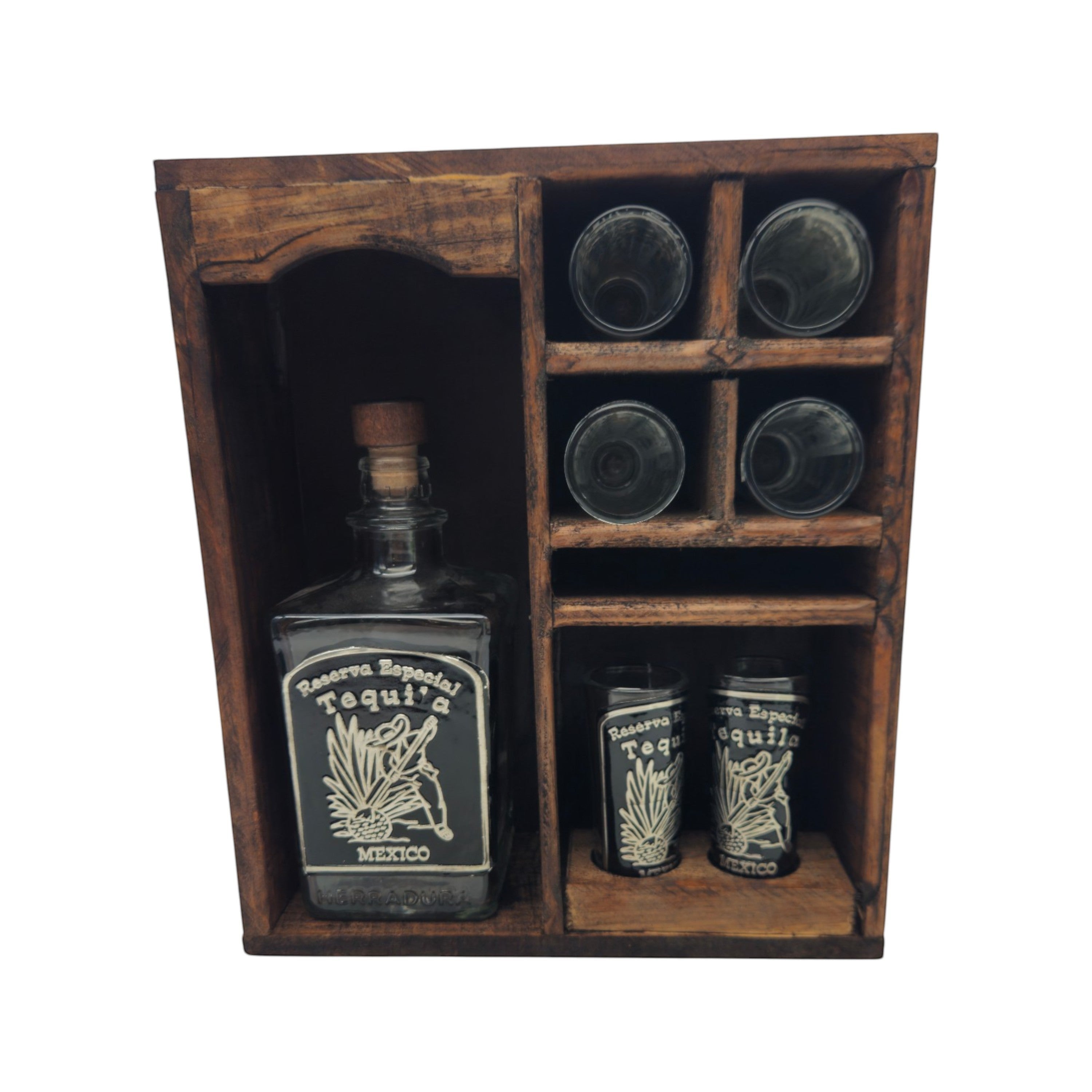 Mexican Tequila Decanter & Shot Glass Set | Rustic Wooden Display