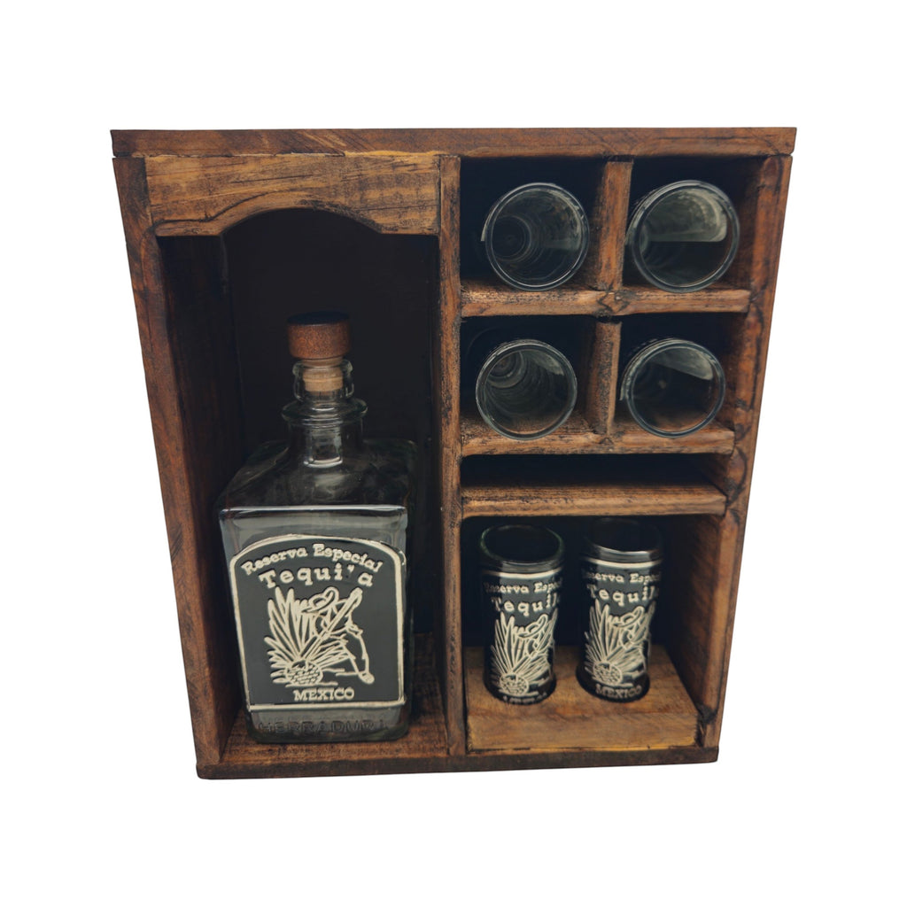 Mexican Tequila Decanter & Shot Glass Set | Rustic Wooden Display