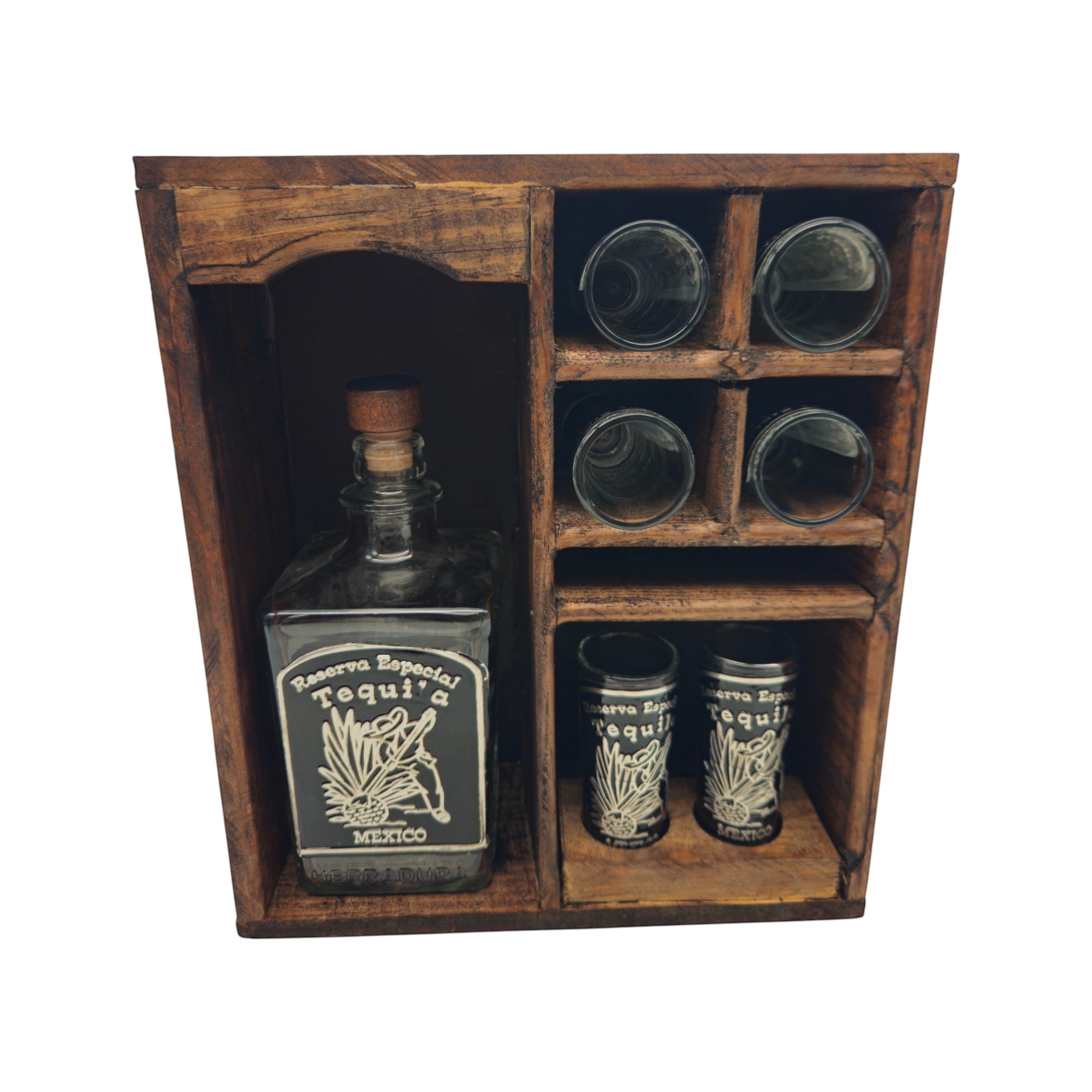 Mexican Tequila Decanter & Shot Glass Set | Rustic Wooden Display