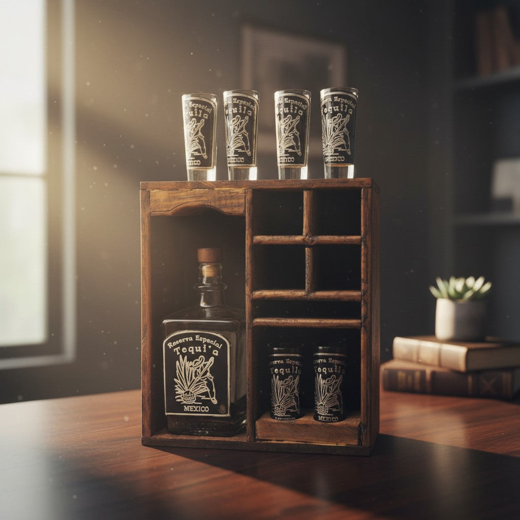 Mexican Tequila Decanter & Shot Glass Set | Rustic Wooden Display
