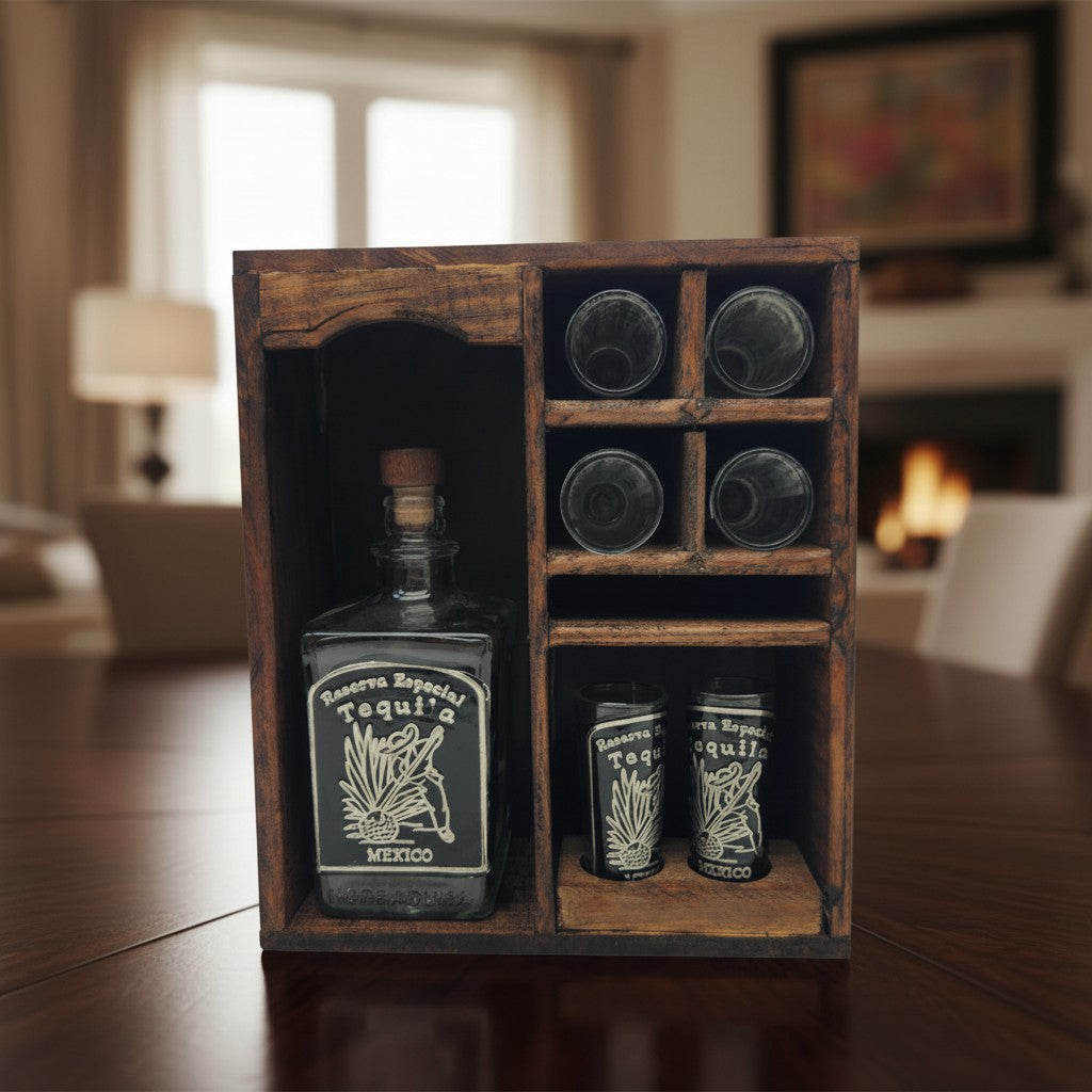 Mexican Tequila Decanter & Shot Glass Set | Rustic Wooden Display