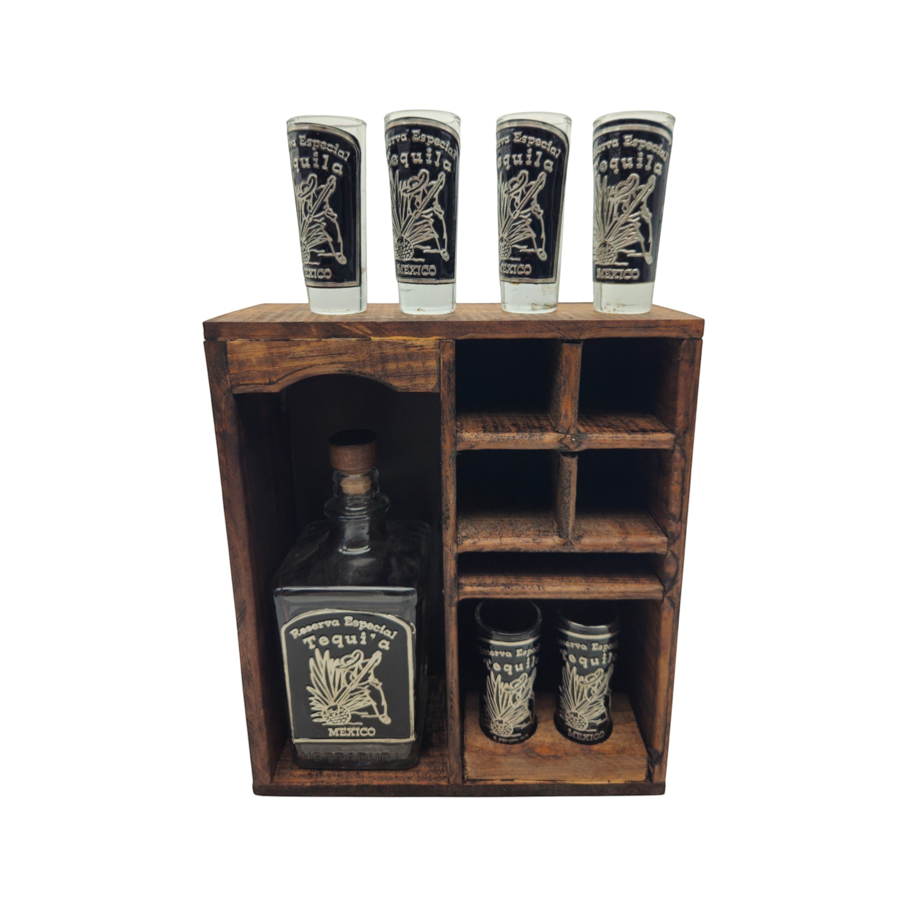 Mexican Tequila Decanter & Shot Glass Set | Rustic Wooden Display