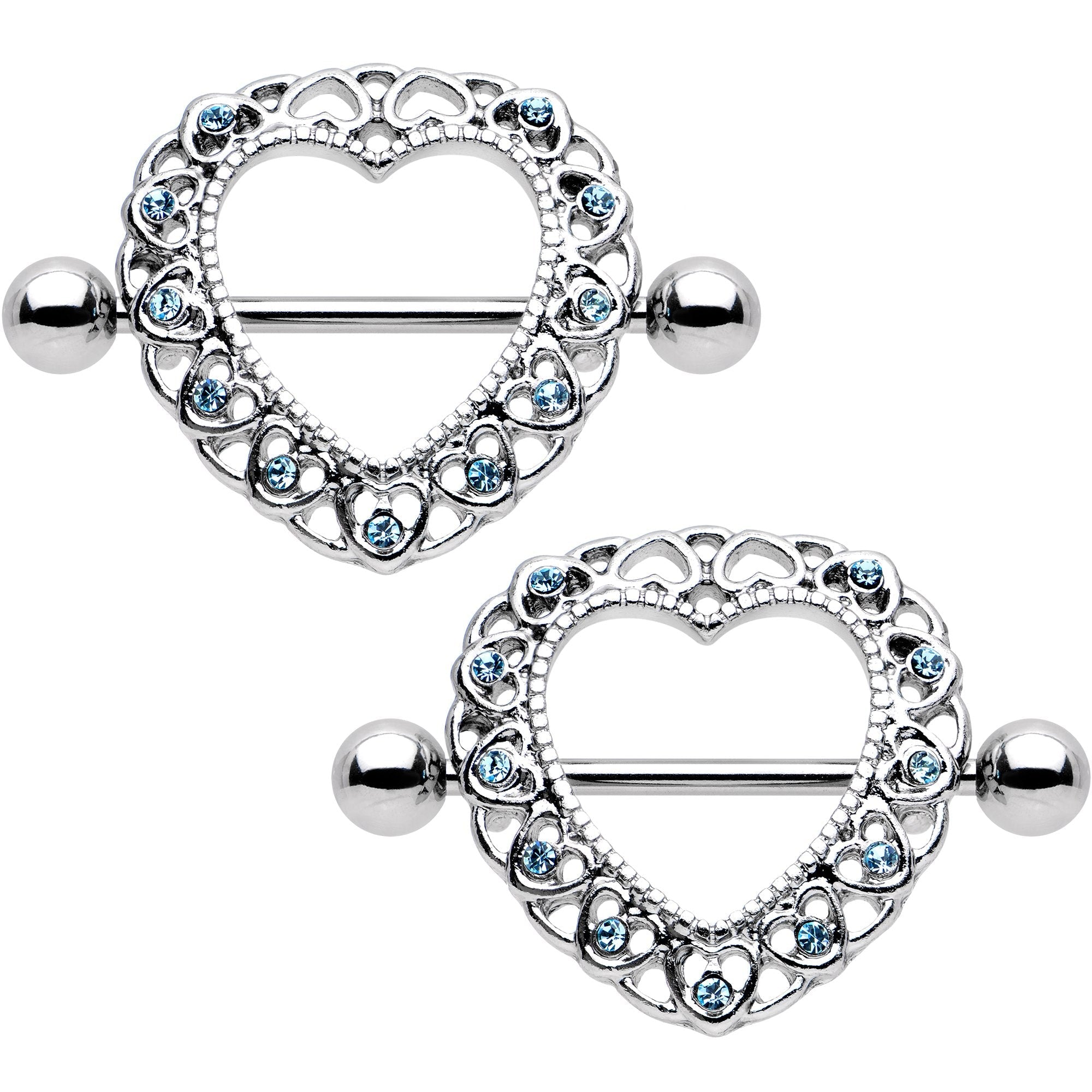 14G 7/8 Aqua Gem Heart Wreath Nipple Shield Set