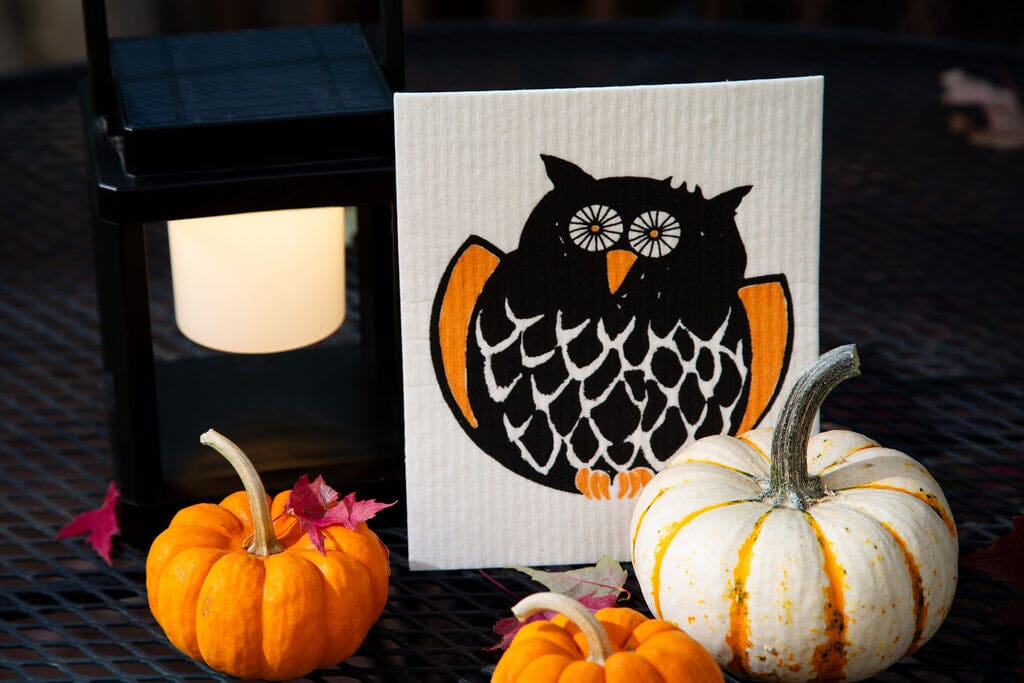 Owl Swedish Dishcloth |  Orange & Black (Fall/Halloween)