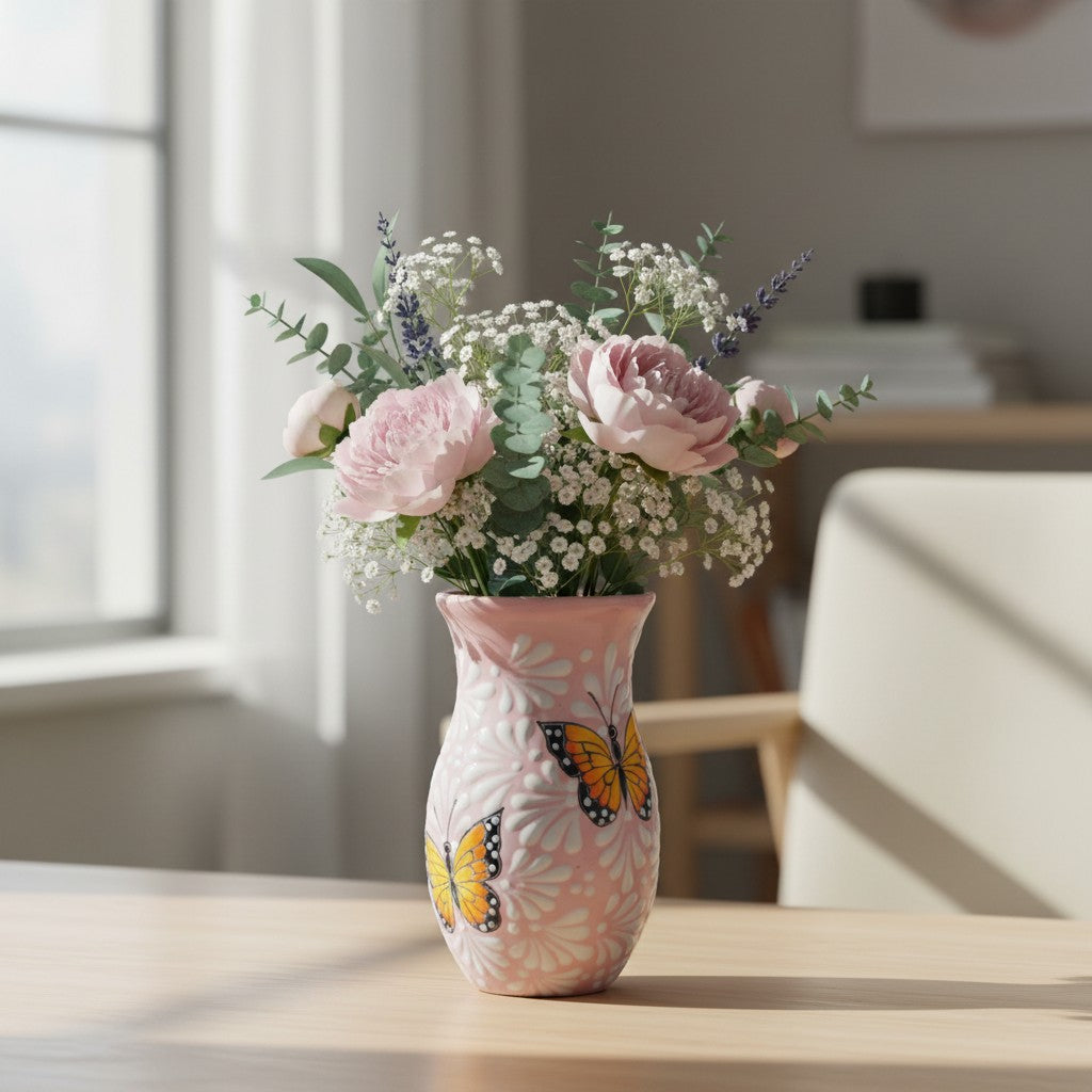 Pink & White Talavera Vase | Monarch Butterfly Motif