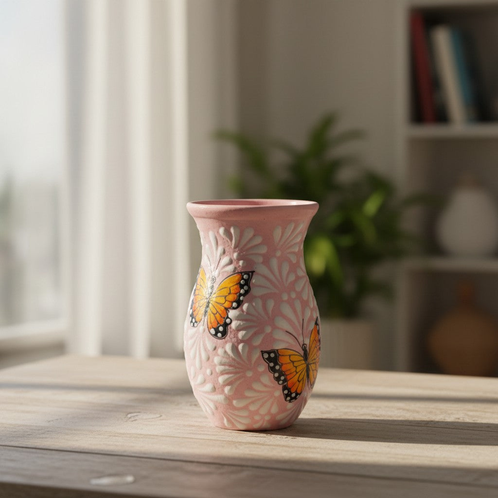 Pink & White Talavera Vase | Monarch Butterfly Motif