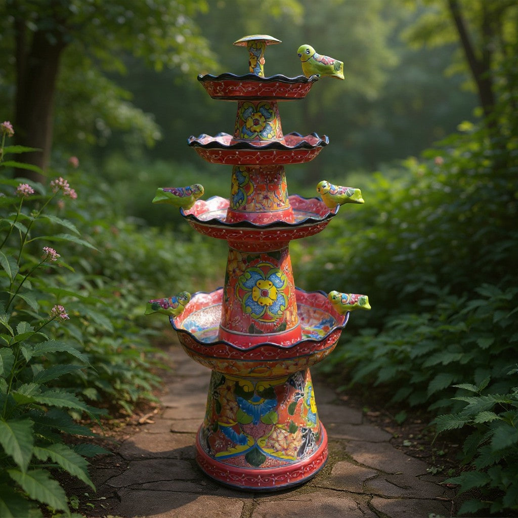 Red & Blue Rim Talavera Fountain | Multicolor Tiered Design
