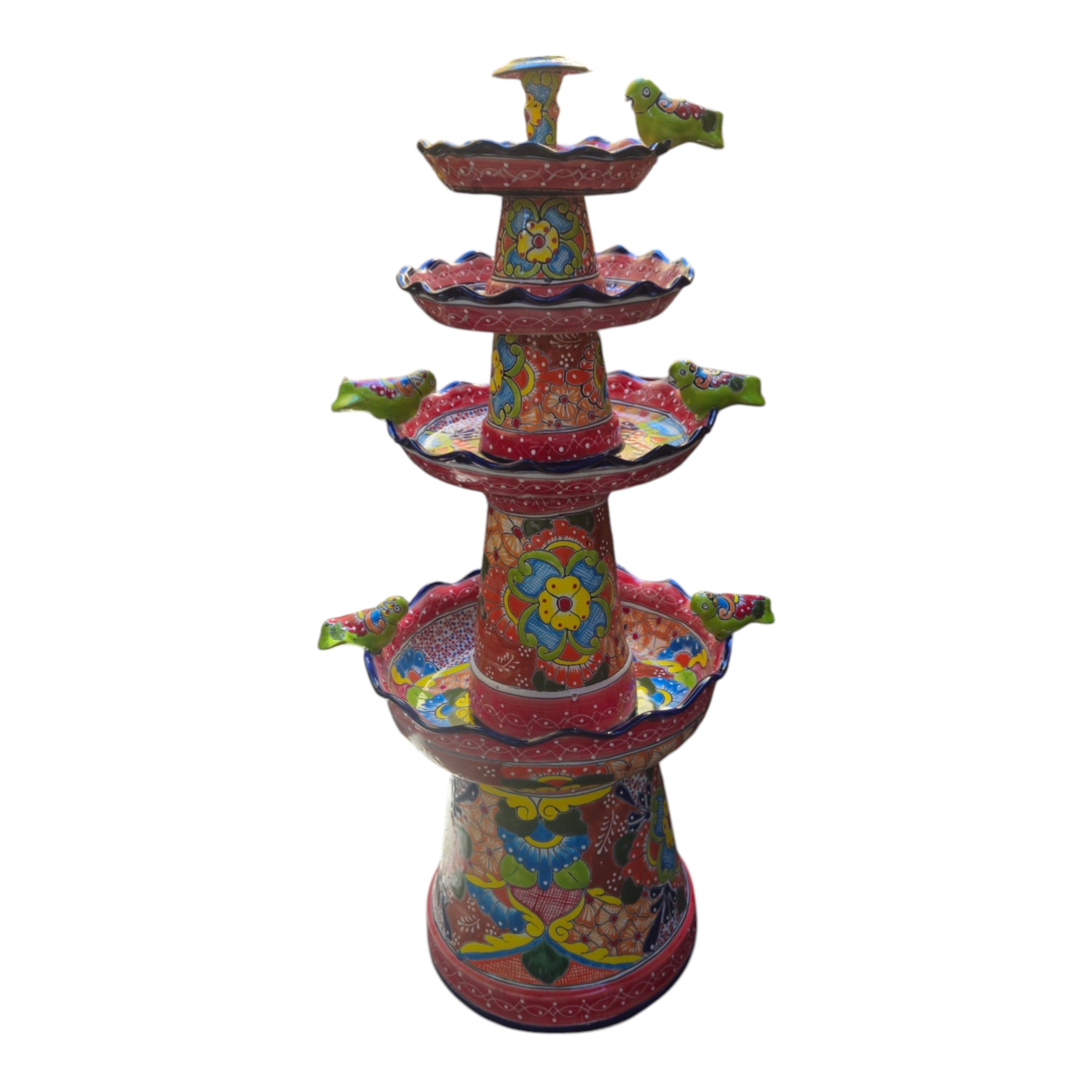 Red & Blue Rim Talavera Fountain | Multicolor Tiered Design