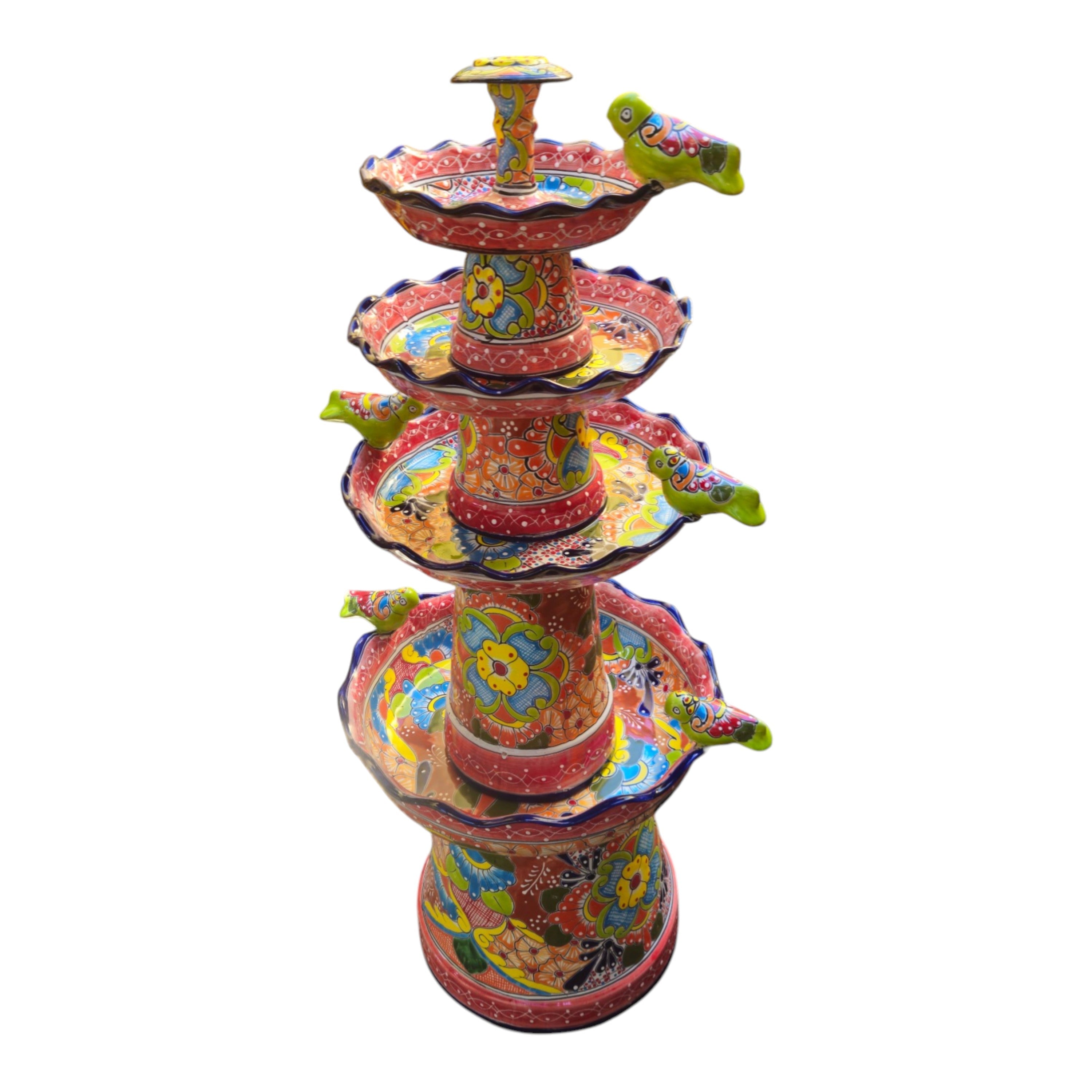 Red & Blue Rim Talavera Fountain | Multicolor Tiered Design