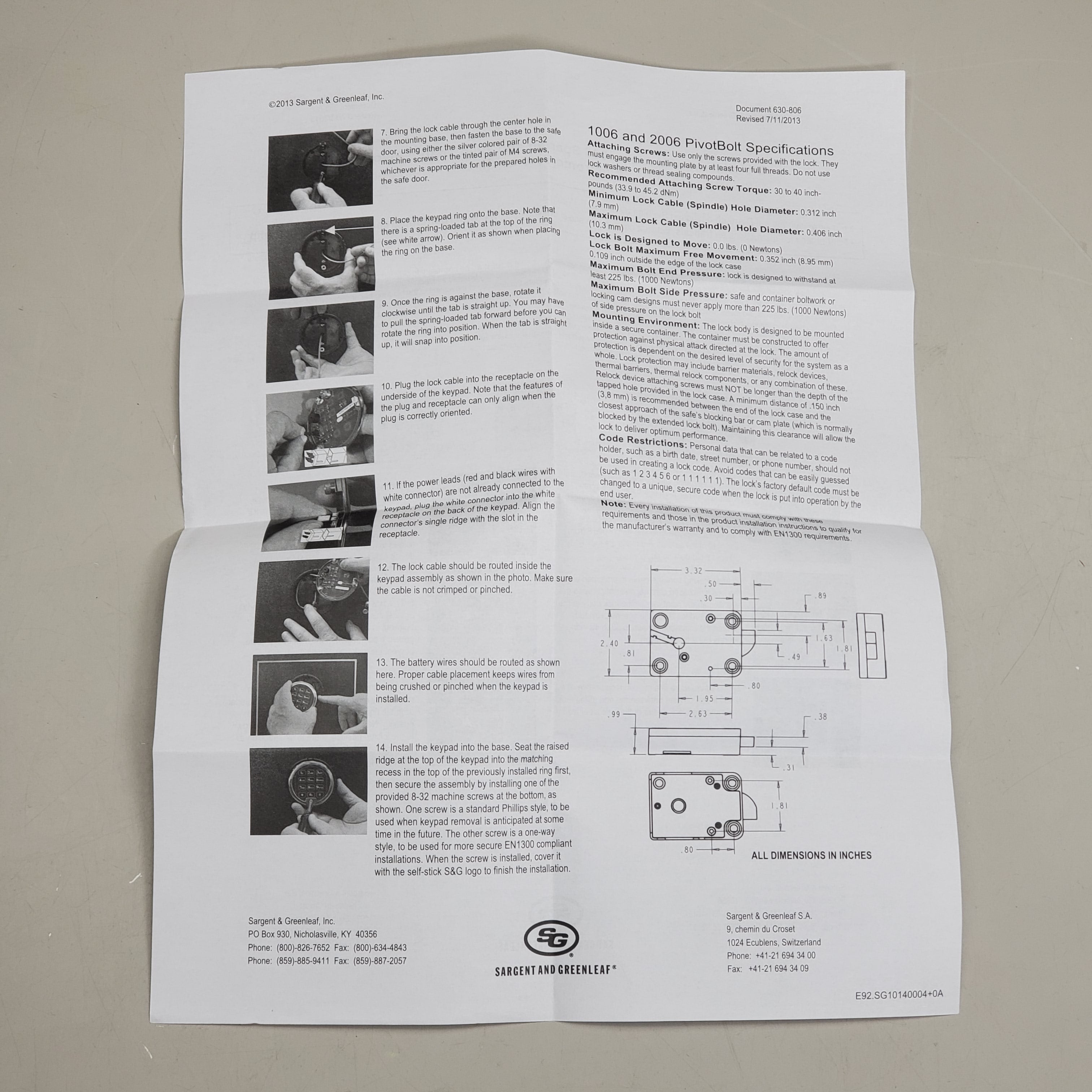 SARGENT & GREENLEAF Pivot Bolt Safe Lock Body Only 1006-101