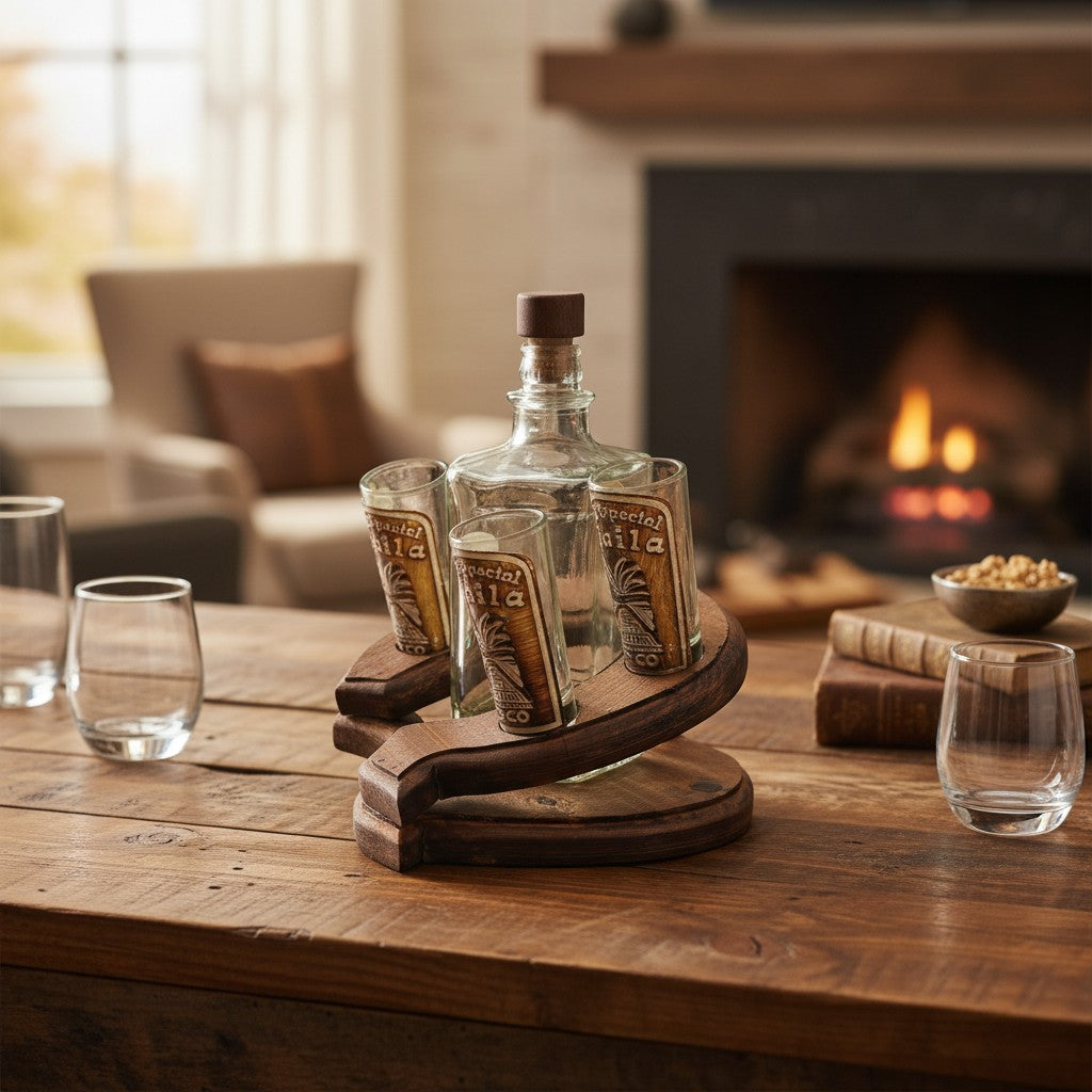 Mexican Tequila Decanter Set | Rustic Horseshoe Wood Display