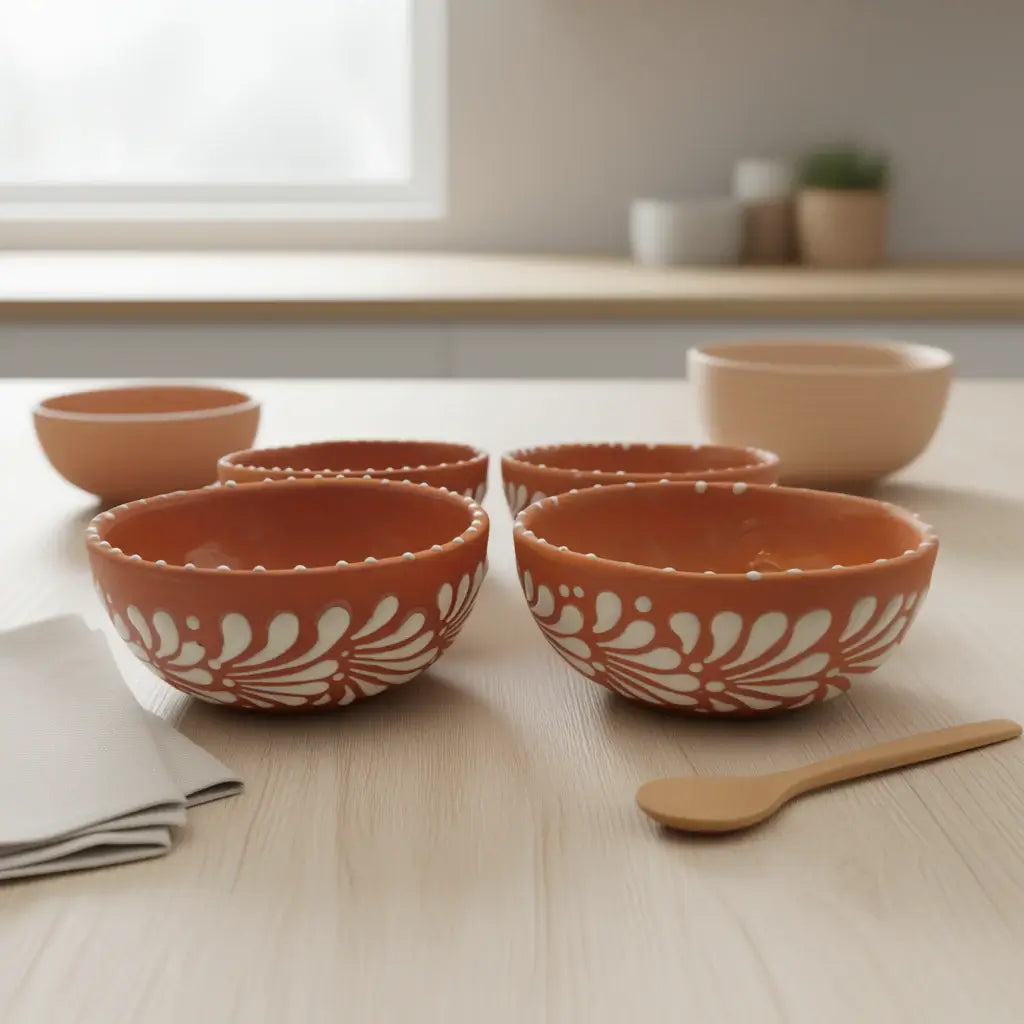 Set of 4 Handmade Brown & White Talavera Bowls | Artisan Dinnerware